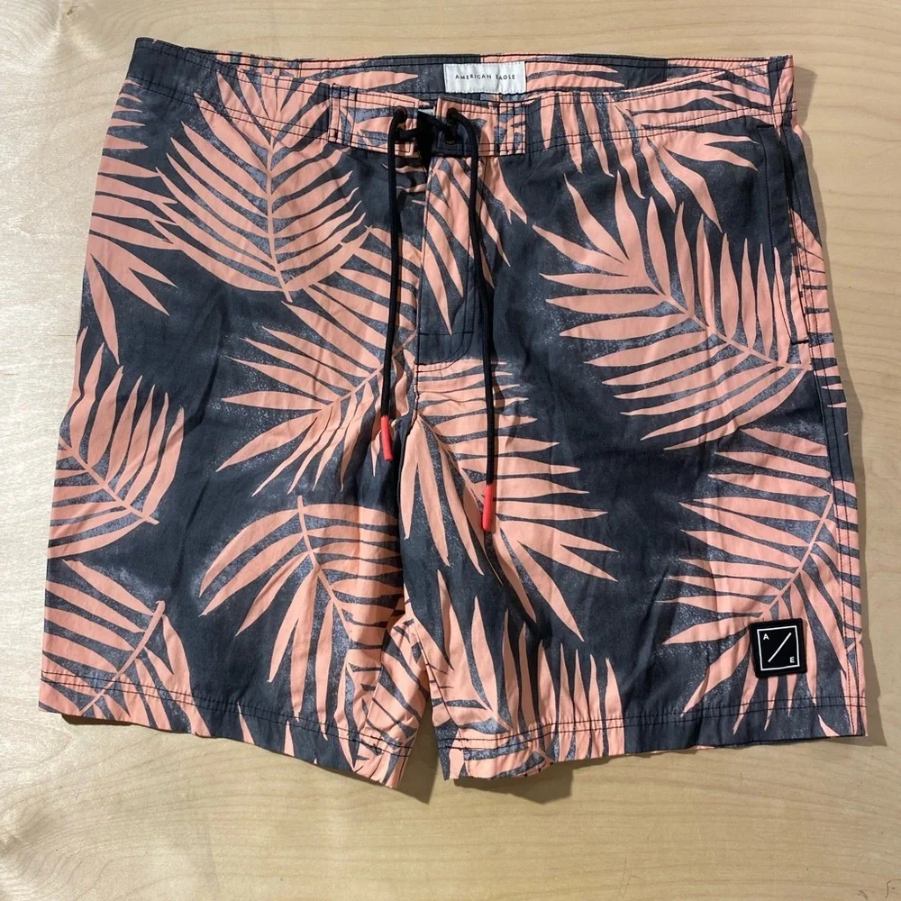 American Eagle Outfitters Black and Peach Patterned Swim Trunks XL (OF)